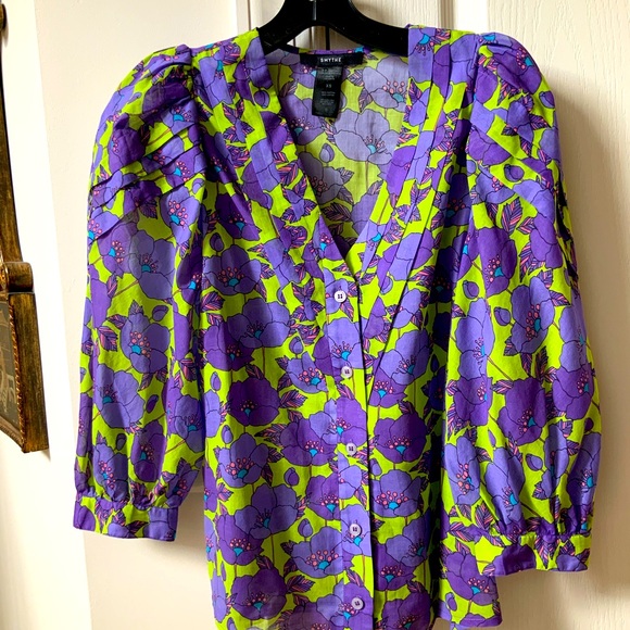 BEAUTIFUL SMYTHE V-NECK FRONTIER COTTON BLOUSE SHIRT IN CHARTREUSE FLORAL - Picture 1 of 16